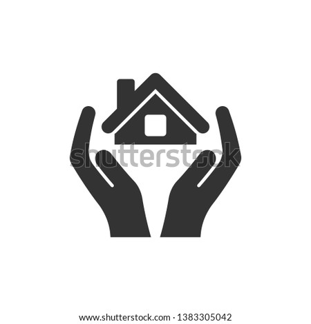 Home care icon in flat style. Hand hold house vector illustration on white isolated background. Building quality business concept.