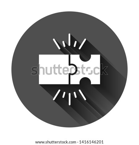 Puzzle compatible icon in flat style. Jigsaw agreement vector illustration on black round background with long shadow. Cooperation solution business concept.