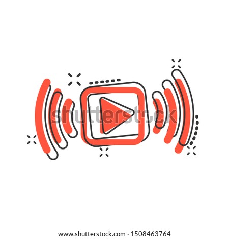 Play button icon in comic style. Streaming tv vector cartoon illustration on white isolated background. Broadcast business concept splash effect.