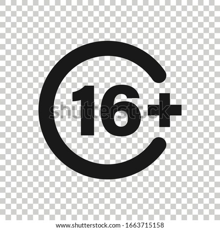 Sixteen plus icon in flat style. 16+ vector illustration on white isolated background. Censored business concept.