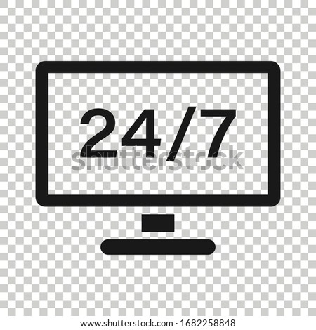 24/7 computer icon in flat style. All day service vector illustration on white isolated background. Support business concept.
