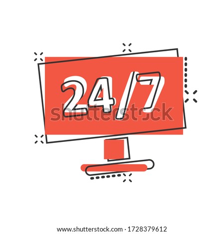 24/7 computer icon in comic style. All day service cartoon vector illustration on white isolated background. Support splash effect business concept.
