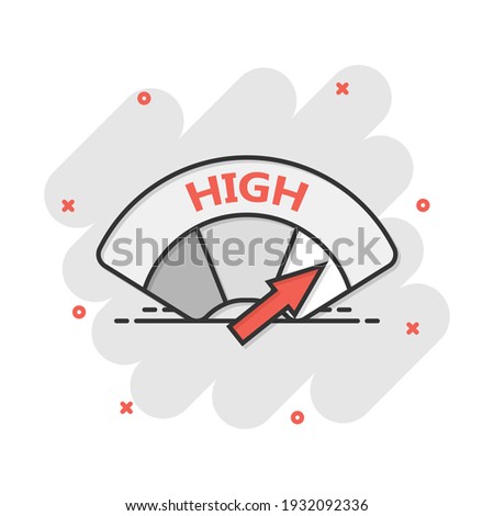 Cartoon high level icon in comic style. Speedometer, tachometer sign illustration pictogram. Max level splash business concept.