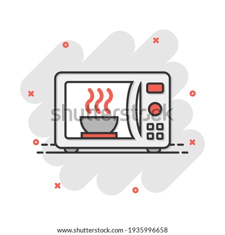 Vector cartoon microwave icon in comic style. Microwave oven sign illustration pictogram. Stove business splash effect concept.