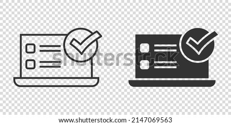 Laptop check mark icon in flat style. Computer approval vector illustration on white isolated background. Confirm business concept.