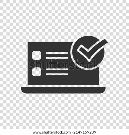 Laptop check mark icon in flat style. Computer approval vector illustration on white isolated background. Confirm business concept.