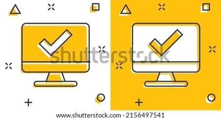 Computer check mark icon in comic style. Survey approval cartoon vector illustration on white isolated background. Confirm splash effect business concept.