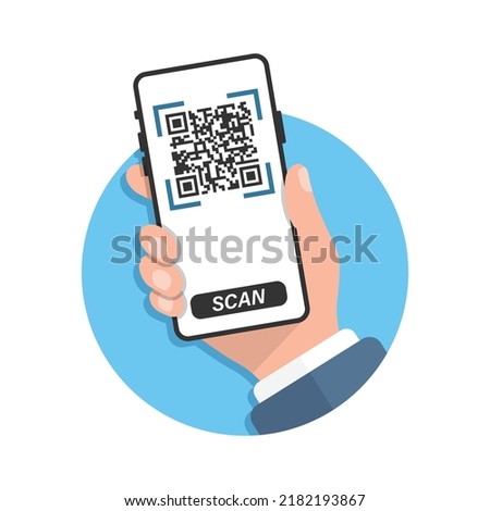 QR code scan illustration in flat style. Mobile phone scanning vector illustration on isolated background. Barcode reader in hand sign business concept.