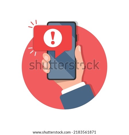 Phone notifications icon in flat style. Smartphone with exclamation point in hand vector illustration on isolated background. Spam message sign business concept.