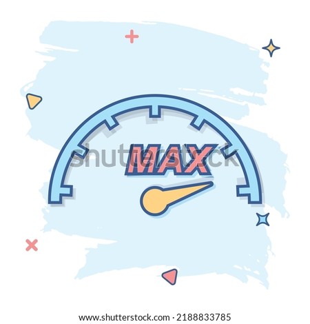 Cartoon max speed icon in comic style. Speedometer sign illustration pictogram. Tachometer splash business concept.