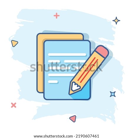 Vector cartoon document with pencil icon in comic style. Note with pen sign illustration pictogram. Notebook business splash effect concept.
