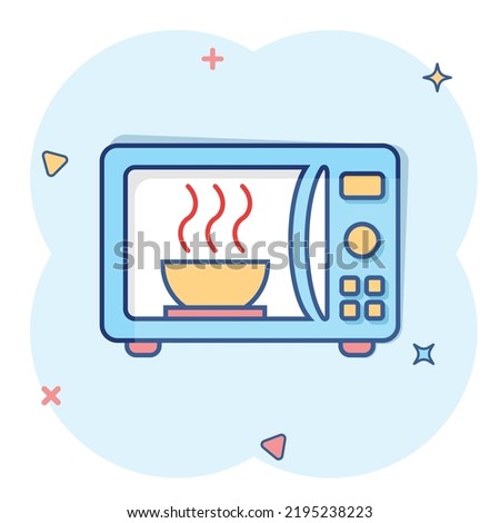 Vector cartoon microwave icon in comic style. Microwave oven sign illustration pictogram. Stove business splash effect concept.