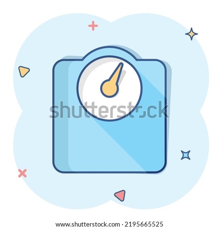 Vector cartoon bathroom scale weigher icon in comic style. Weigher sign illustration pictogram. Balance business splash effect concept.