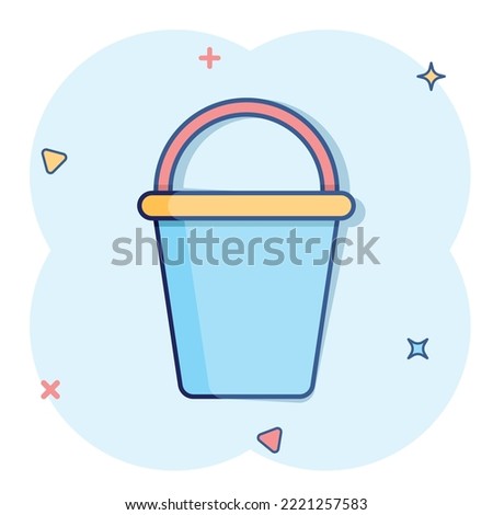 Bucket icon in comic style. Garbage pot cartoon vector illustration on white isolated background. Pail splash effect business concept.