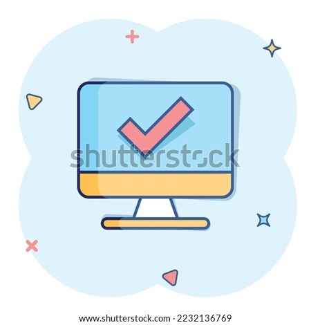 Computer check mark icon in comic style. Survey approval cartoon vector illustration on white isolated background. Confirm splash effect business concept.