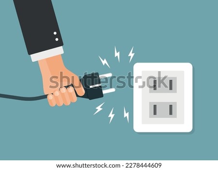 Electric socket with man hand icon in flat style. Connection symbol vector illustration on isolated background. Power socket sign business concept.