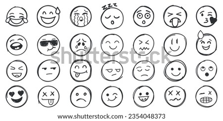 Emojis faces icon in hand drawn style. Doddle emoticons vector illustration on isolated background. Happy and sad face sign business concept.
