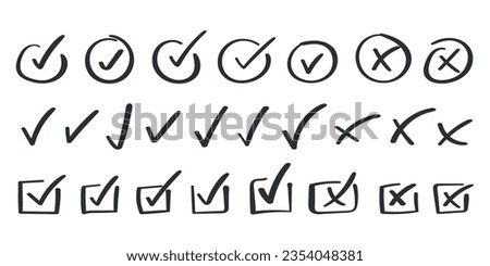 Check mark icon in hand drawn style. Handmade doodle vector illustration on isolated background. Cross, circles, arrow mark sign business concept.