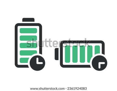 Long battery life icon in flat style. Battery charging process vector illustration on isolated background. Accumulator recharge sign business concept.
