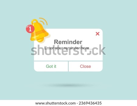 Reminder notifications page with alert bell icon in flat style. Event notice message vector illustration on isolated background. Announcement notice sign business concept.