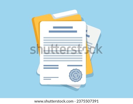 Document, folder with stamp and text icon in flat style. White papers vector illustration on isolated background. Confirmed or approved document sign business concept.