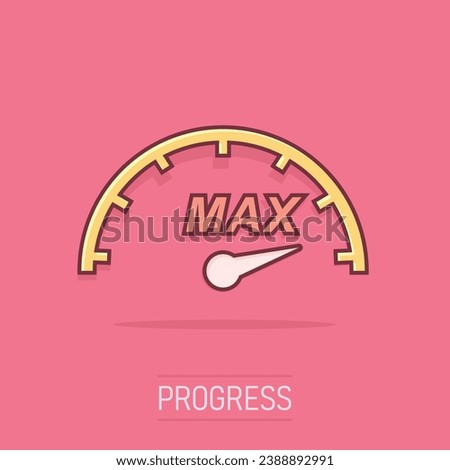 Cartoon max speed icon in comic style. Speedometer sign illustration pictogram. Tachometer splash business concept.