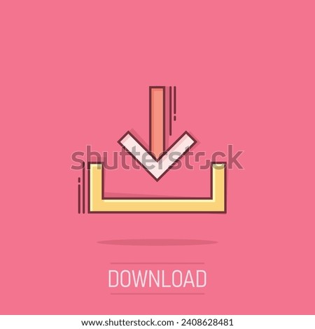 Download file icon in comic style. Arrow down downloading vector cartoon illustration pictogram. Download business concept splash effect.