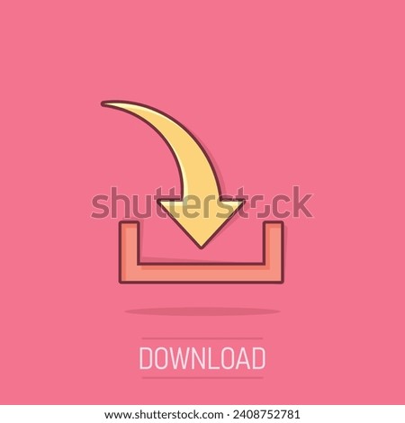 Download file icon in comic style. Arrow down downloading vector cartoon illustration pictogram. Download business concept splash effect.