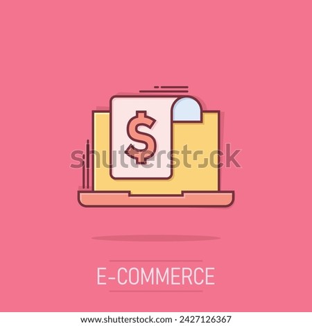 Laptop with money icon in comic style. Computer dollar cartoon vector illustration on isolated background. Finance monitoring splash effect business concept.