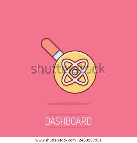 Science magnifier icon in comic style. Virus search cartoon vector illustration on isolated background. Chemistry dna splash effect business concept.