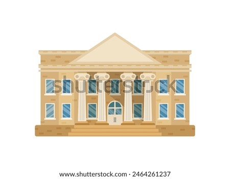 Bank building icon in flat style. Financing department vector illustration on isolated background. Courthouse with columns sign business concept.