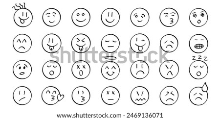 Emojis faces icon in hand drawn style. Doddle emoticons vector illustration on isolated background. Happy and sad face sign business concept.