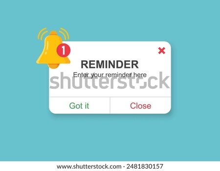 Reminder notifications page with alert bell icon in flat style. Event notice message vector illustration on isolated background. Announcement notice sign business concept.