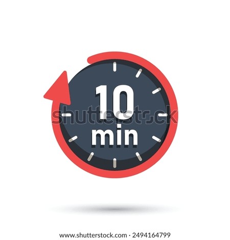 10 minutes on stopwatch icon in flat style. Clock face timer vector illustration on isolated background. Countdown sign business concept.