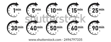 From 1 minite to 90 minutes on stopwatch icon in flat style. Clock face timer vector illustration on isolated background. Countdown sign business concept.