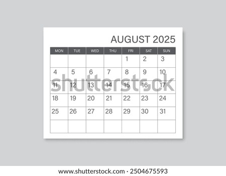 Calendar august 2025 icon in flat style. Planner vector illustration on isolated background. Calender sign business concept.