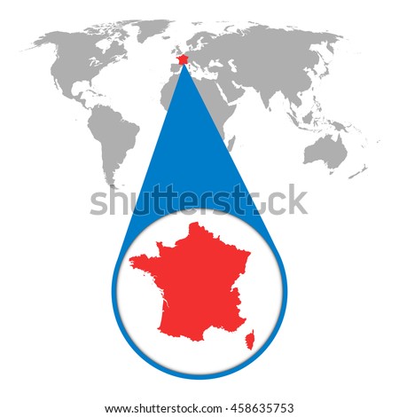 World map with zoom on France. Map in loupe. Vector illustration in flat style