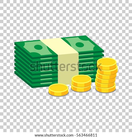 Closed small safe box and stacks of gold coins and stacks of dollar cash. Vector illustration in flat design on isolated background