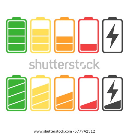 Battery icon vector set isolated on white background. Symbols of battery charge level, full and low. The degree of battery power flat vector illustration.