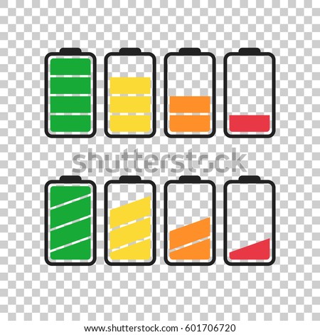Battery icon vector set on isolated background. Symbols of battery charge level, full and low. The degree of battery power flat vector illustration.