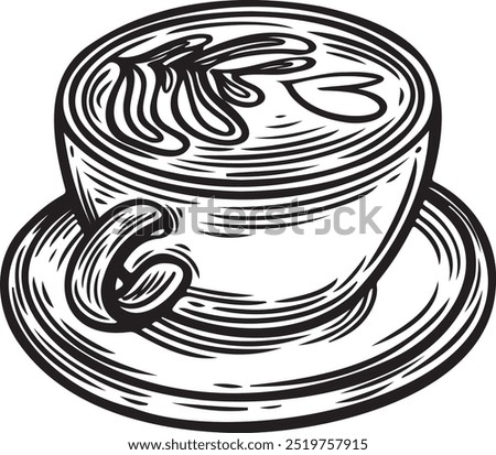 Latte art coffee cup on saucer line drawing vector illustration.