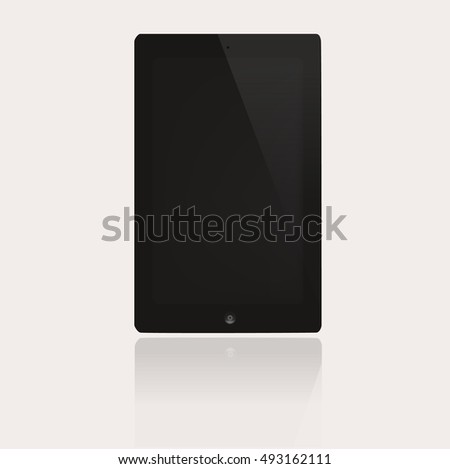 Tablet computer mockup. Digital device with blank screen and reflection. Wireless gadget isolated on white background.