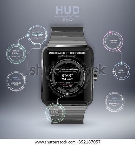 Smart watch with HUD UI. HUD abstract circle structure. Science infographic elements background. Futuristic user interface. Abstract background with connecting dots and lines. Connection structure.