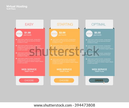 Price list, hosting plans and web boxes banners design. three tariffs. interface for the site. ui ux vector banner for web app.