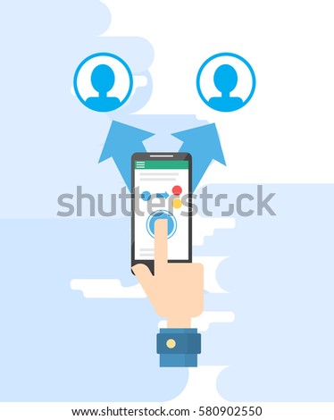 Bulk messaging. SMS to different contact.  Message send on mobile phone. Email marketing. Flat style vector illustration