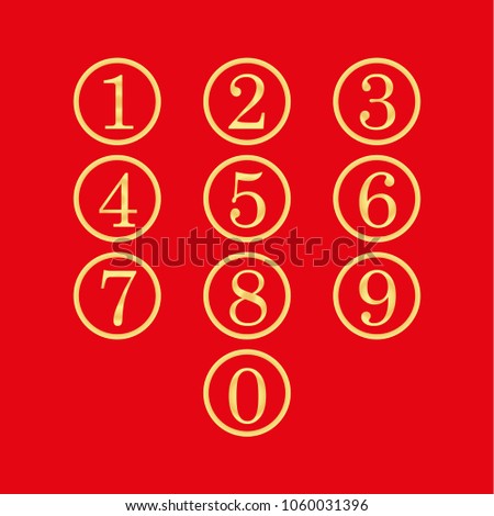 buttons numbered from 0 to 9 editable vector, gold color on red elegant background, volumetric style