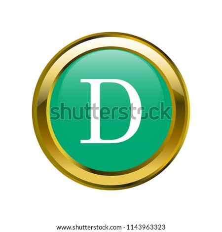 letter D capital letter classic in golden brooch with emerald blue color, editable vector