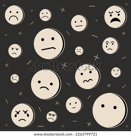 Round abstract comic Faces with sad Emotions. unhappy faces upset  Emoji Face Seamless Background Pattern.