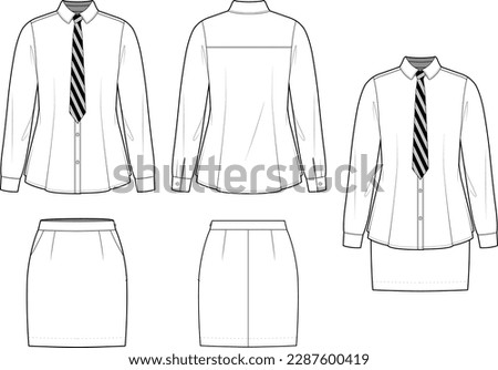 Technical flat sketch of girl's school uniform design template. White collar shirt and mini skirt set mock up vector illustration. Button-down classic shirt and striped neck tie set drawing template.