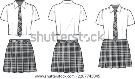 Technical flat sketch of girl's school uniform design template. White collar crop shirt with button-down and short sleeves. Mini pleated skirt and neck tie in plaid check. Mockup, Vector illustration.